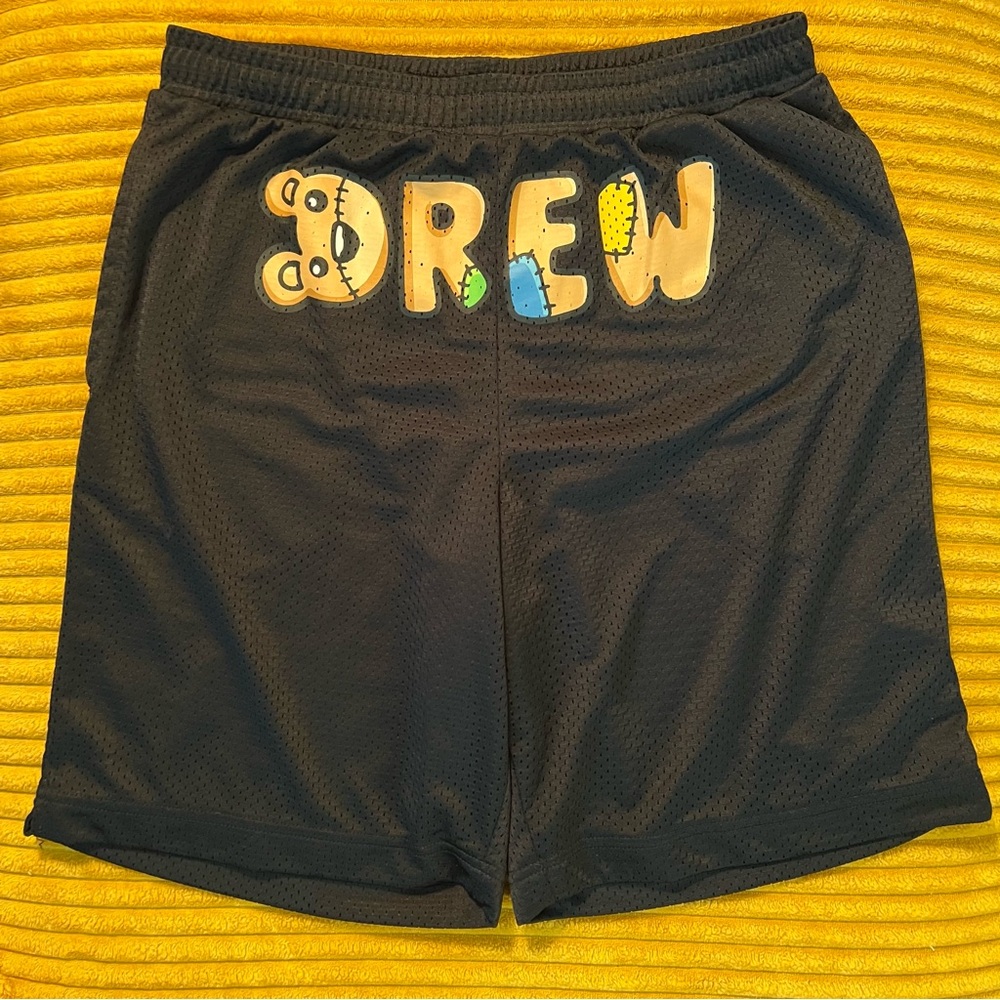 Drew House teddy bear font black mesh shorts medium